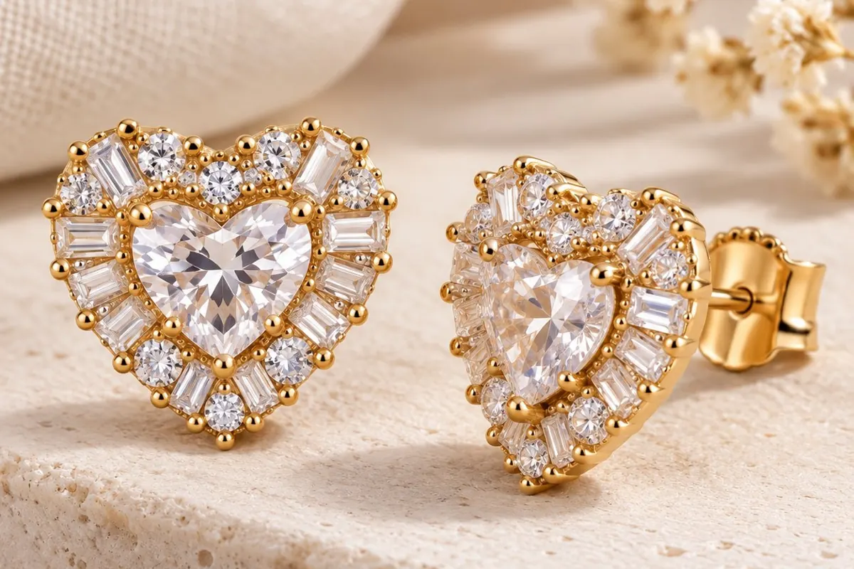 Gold diamond heart earrings, jewellery product photography