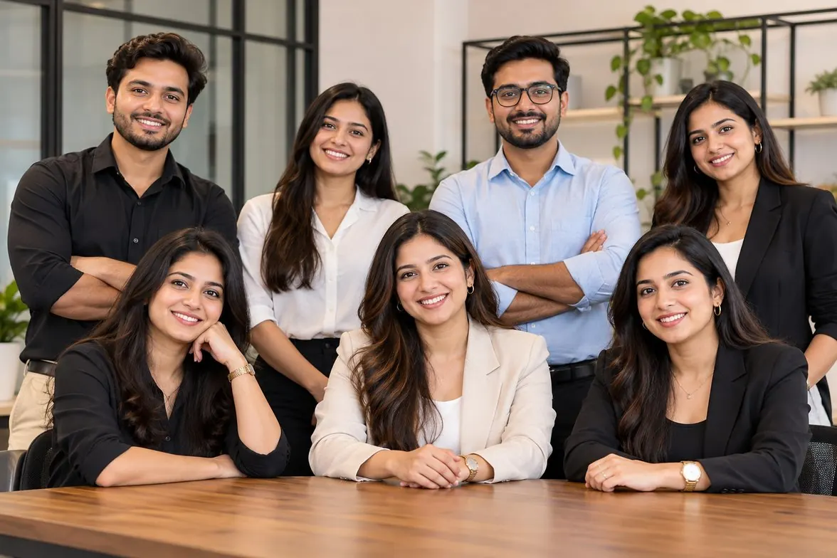 Corporate team portrait around a table, photographed on location